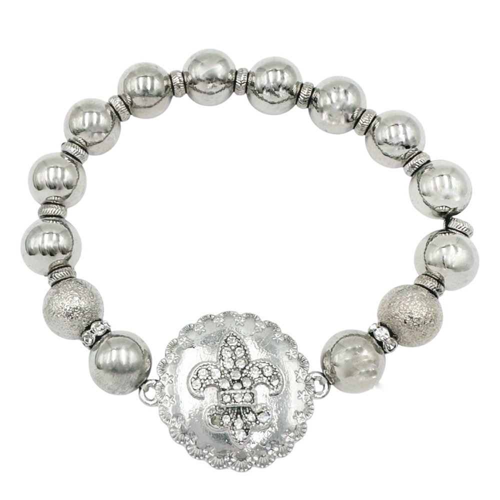 Fleur De Lis Beaded Silver Tone Stretch Bracelet